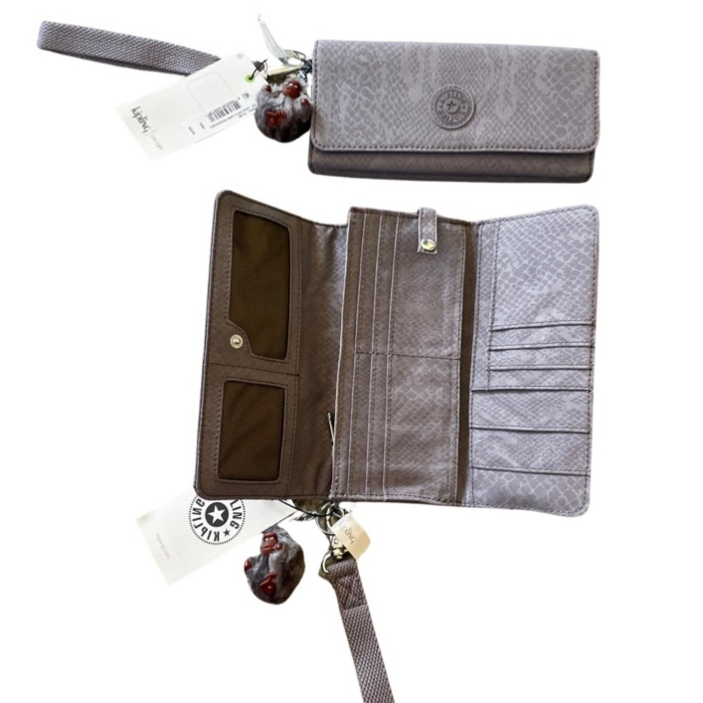 NWT Kipling RUBI WALLET KI0622 Graceful Grey Embossed Monkey Bag Charm